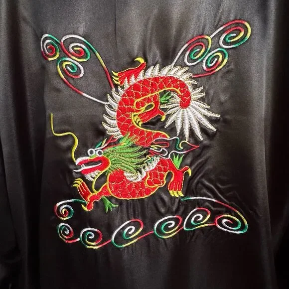 VTG Embroidered Dragon Reversible Satin Kimono Robe Asian Print Smoking Jacket S - Picture 14 of 16